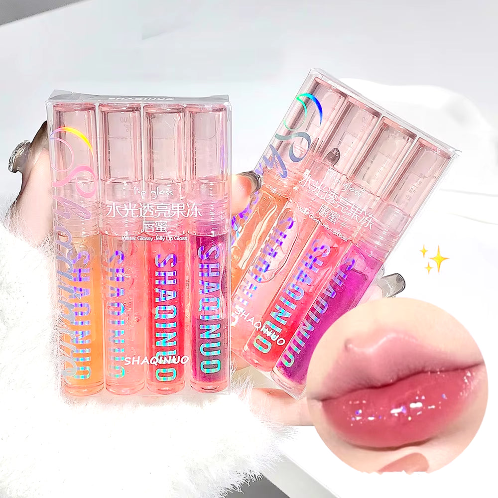 4 PCS Water-Gloss Mirror Jelly Lip Gloss Moisturizes Lips Shimmers with Fine Pearls Brightens Lip Color