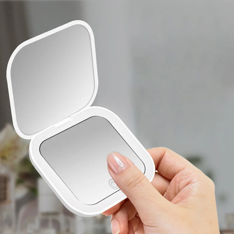 Compact Mini Gift Vanity Folding Cosmetic Mirror with Lights Portable Hand Held Small Pocket Travel Makeup Mirror 2X Magnifying